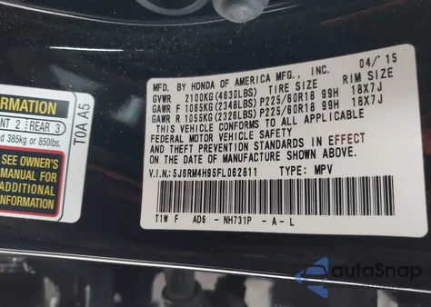 2015 Honda Cr-V Touring from USA, damaged, VIN 5J6RM4H95FL062811